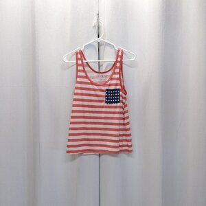 Fifth Sun Tank Top Red & White Striped With Blue Star Pocket Women's Medium Size